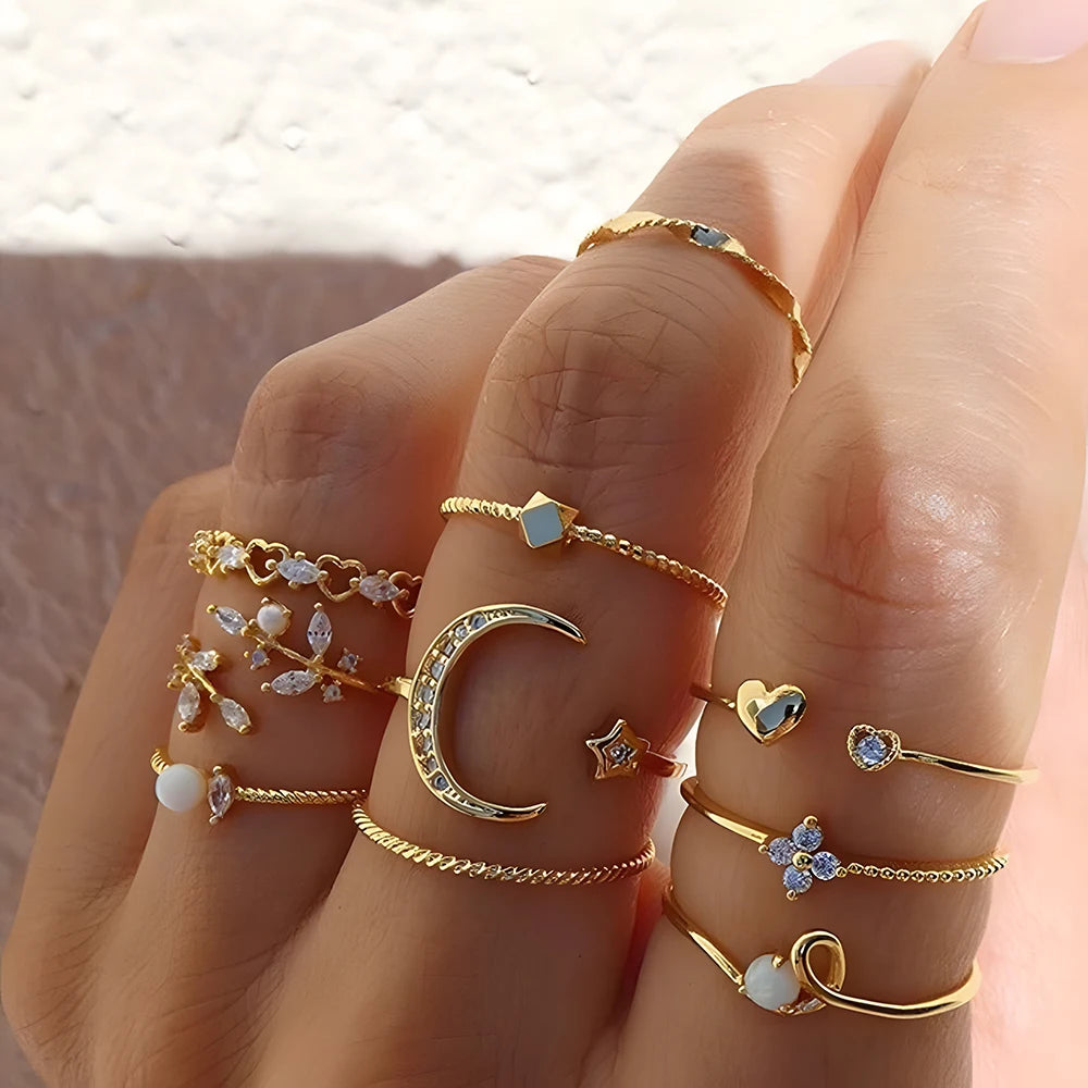 Women Bohemian Ring Set Moon Star Jewelry