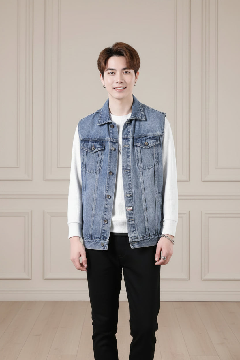 Men Retro Multi Pocket Denim Work Vest