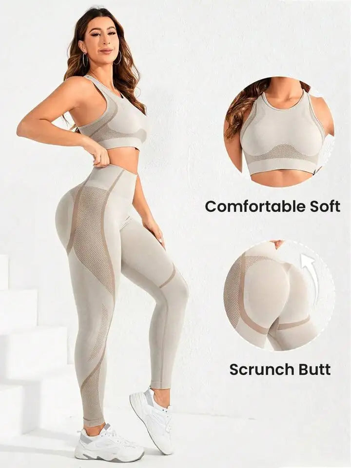 Women Seamless Yoga Bodysuit Set Sports Bra and High Waist Leggings