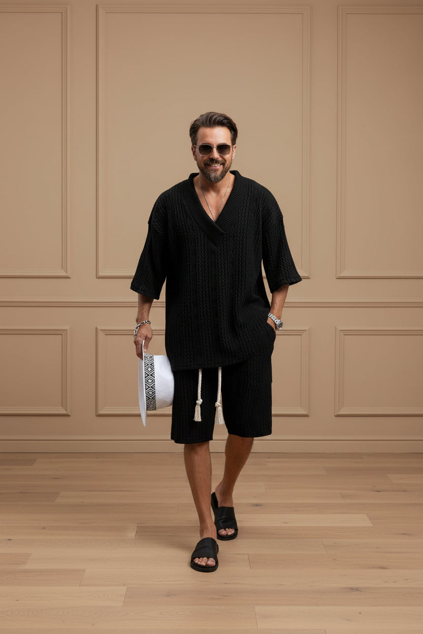 Men Knit V Neck Shorts Set Casual Streetwear
