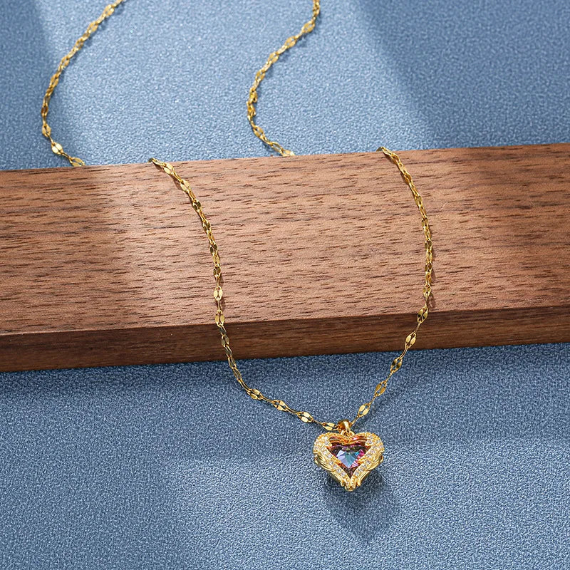 Women Crystal Ocean Heart Pendant Stainless Steel Necklace