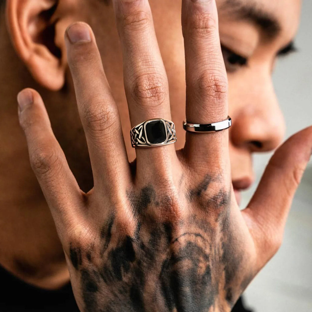 Men Viking Knot Rune Geometric Signet Ring Jewelry
