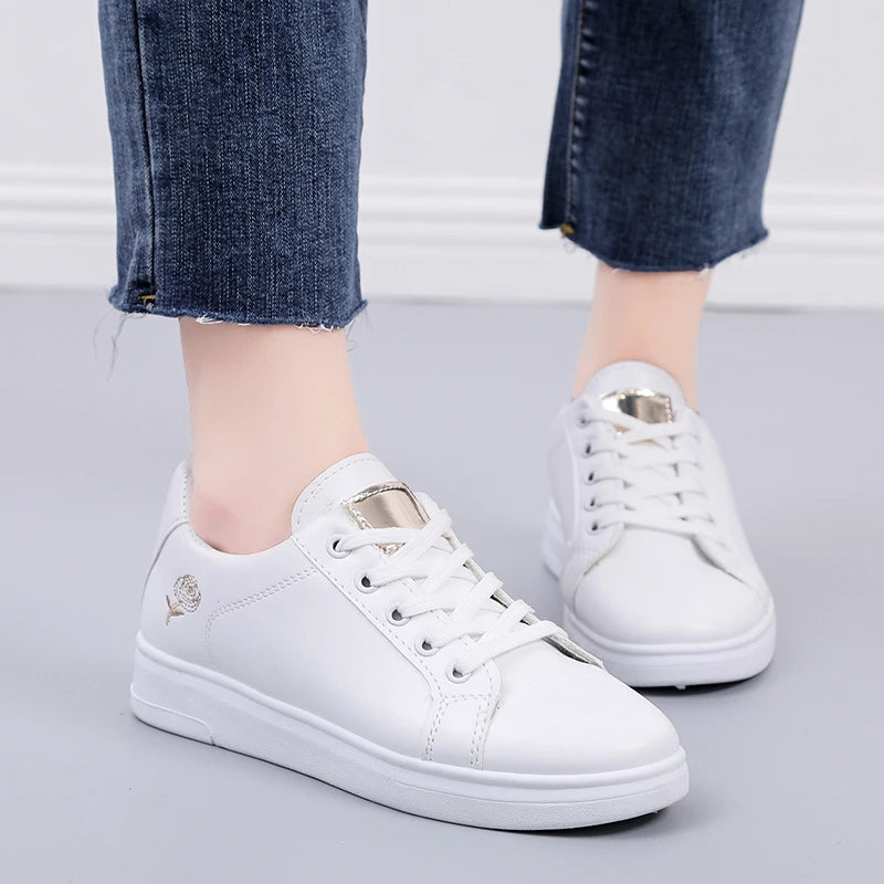 Women Embroidered Lace Up White Shoes
