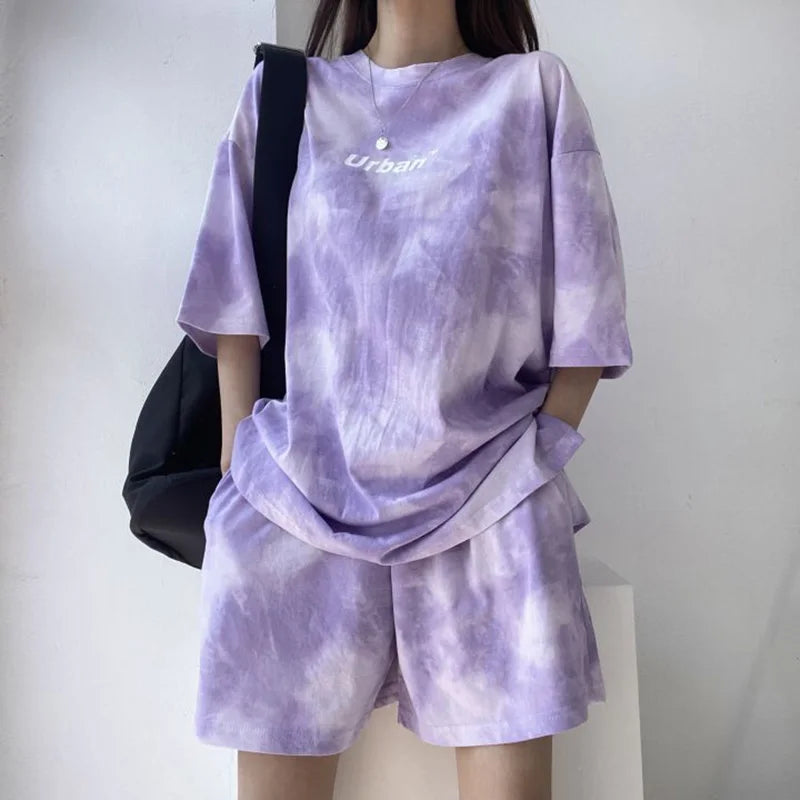 Women Tie Dye T Shirt and Shorts 2 Piece Set Outdoor Summer Outfit