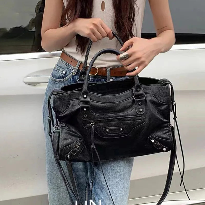 Y2K PU Leather Motorcycle Style Crossbody Tote Bag for Women