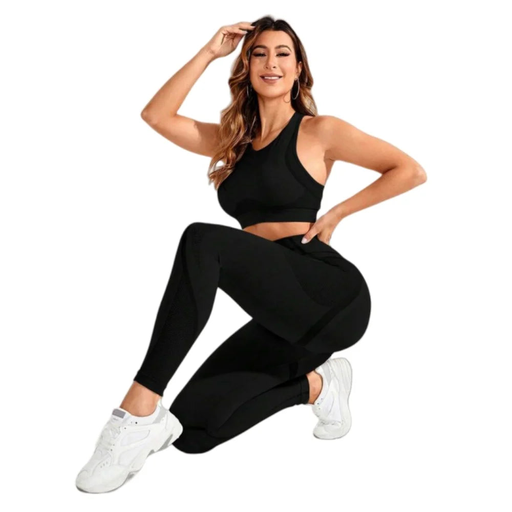 Women Seamless Yoga Bodysuit Set Sports Bra and High Waist Leggings