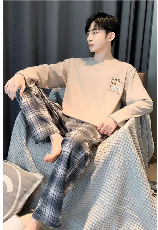 Plus Size Men Pajama Set Long Sleeve Two Piece Sleepwear