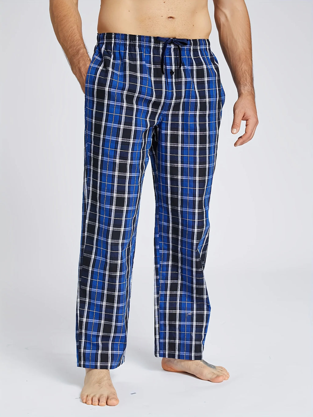 Men Cotton Pajama Pants Checked Elastic Waist Lounge Pants