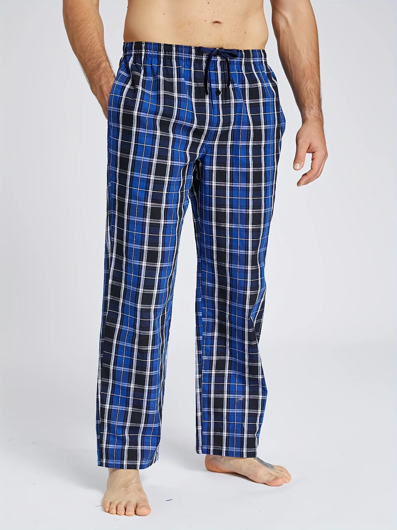 Men Cotton Pajama Pants Checked Elastic Waist Lounge Pants