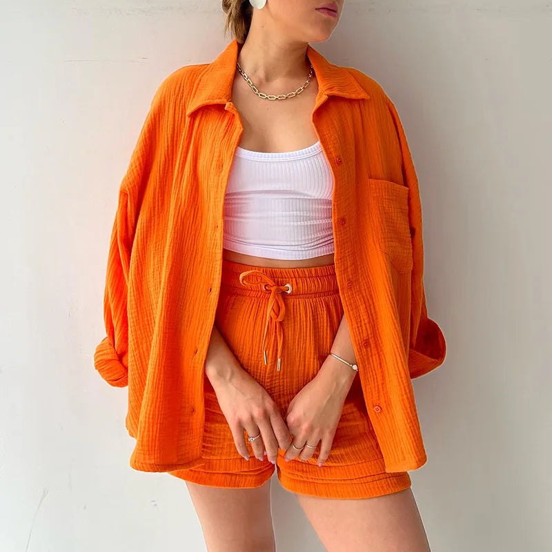 Women Muslin 2 Piece Short Set Button Casual Summer Outfit