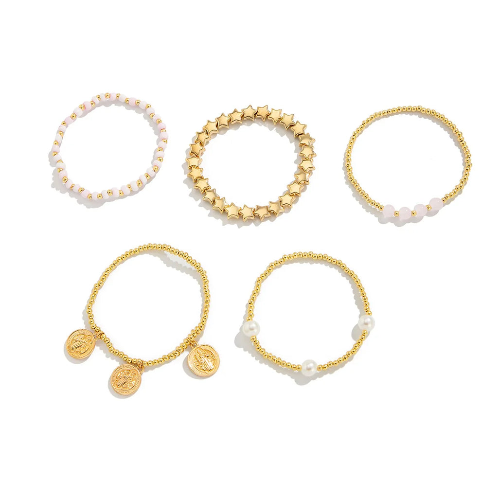 Women Retro Round Pendant Bead Layered Elastic Bracelet Fashion Jewelry
