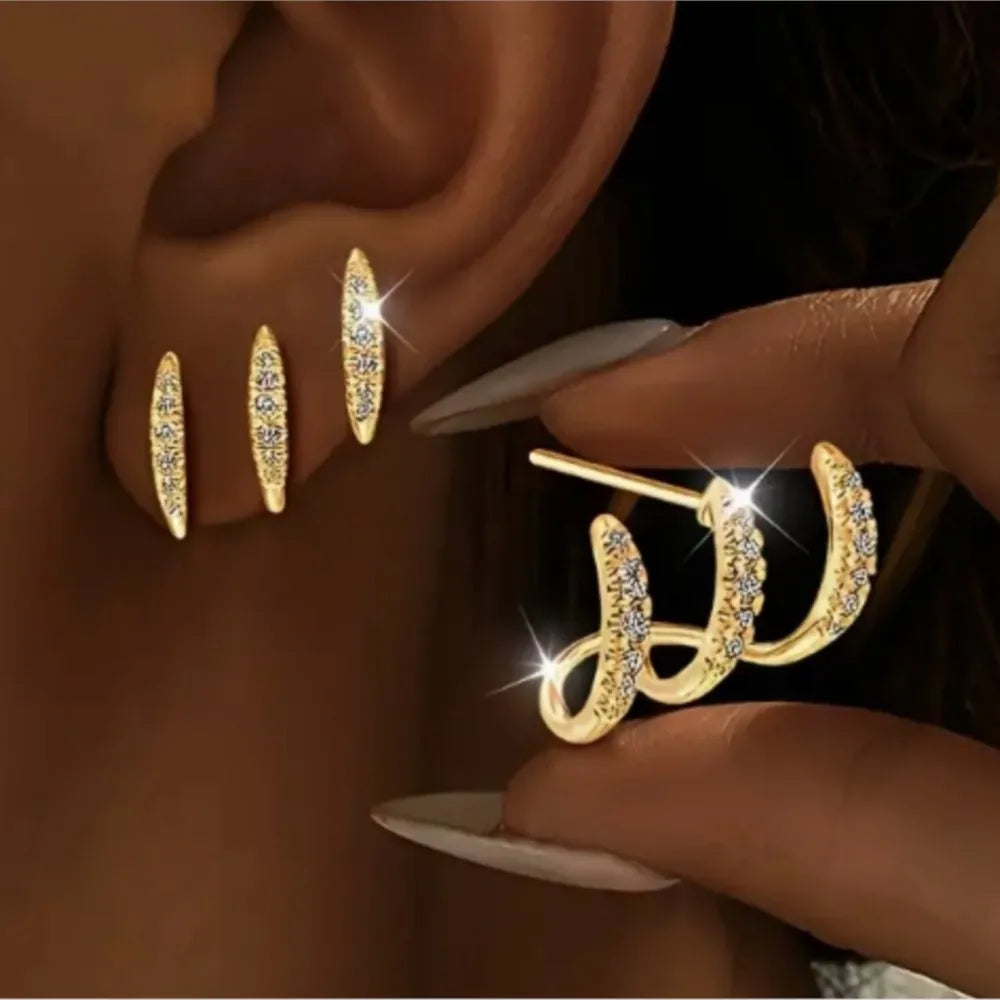 Women Rhinestone Three Claw Elegant Stud Earrings