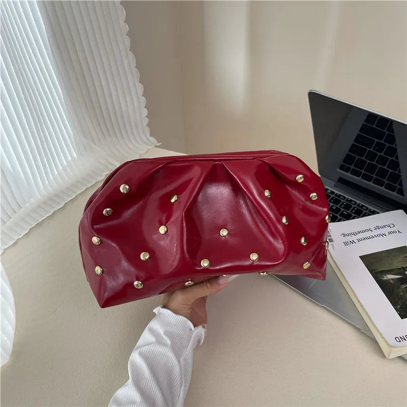 Rivet Pleated PU Leather Evening Bag for Women