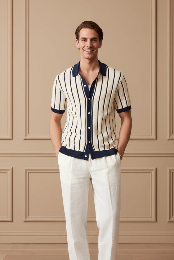 Men Knitted Striped Short Sleeve Shirt