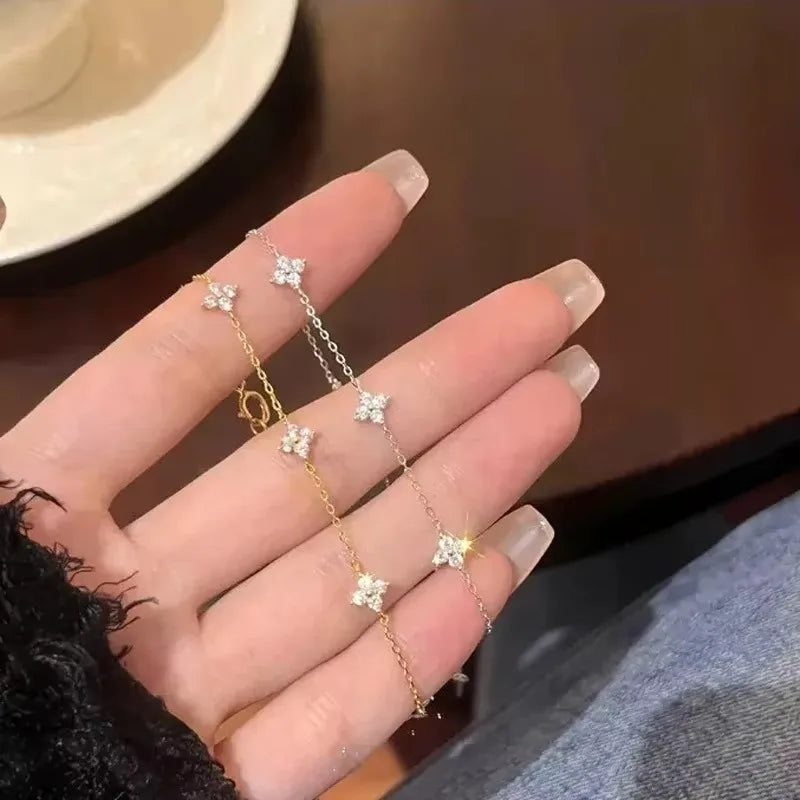 Women Crystal Four Leaf Flower Stainless Steel Zircon Bracelet