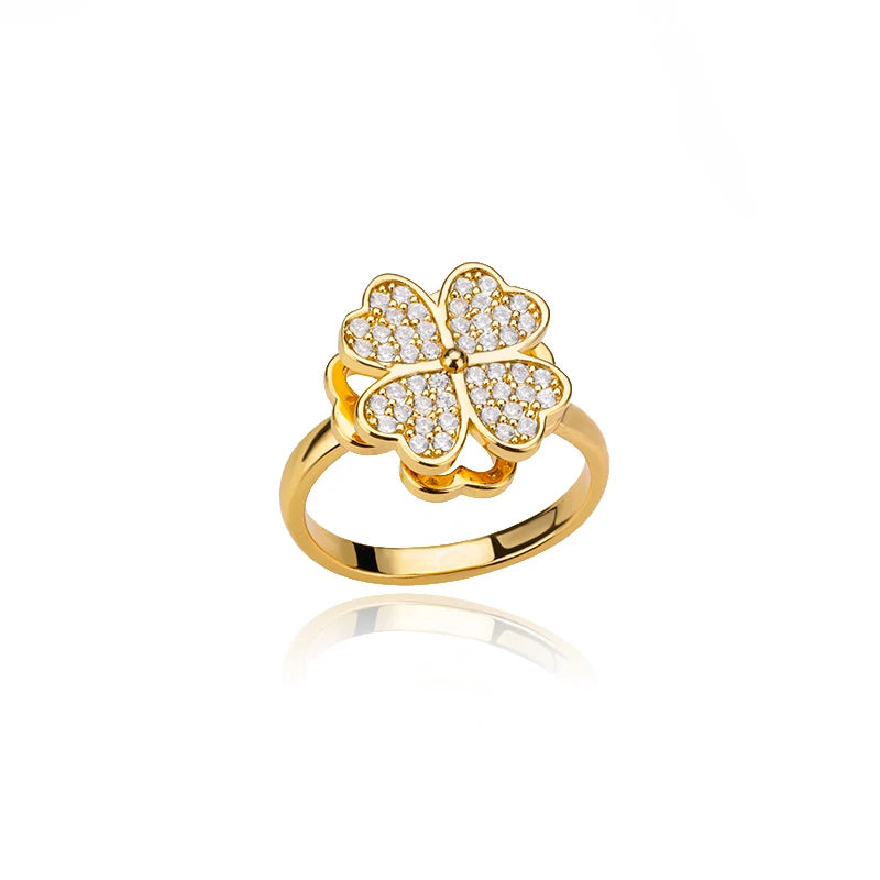 Women Spinner Zircon Clover Heart Fidget Ring Jewelry