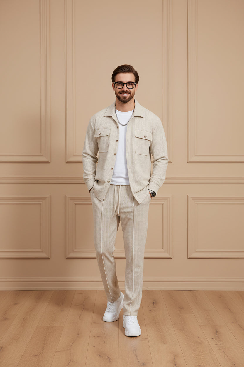 Men Waffle Knit Long Sleeve Pants Set
