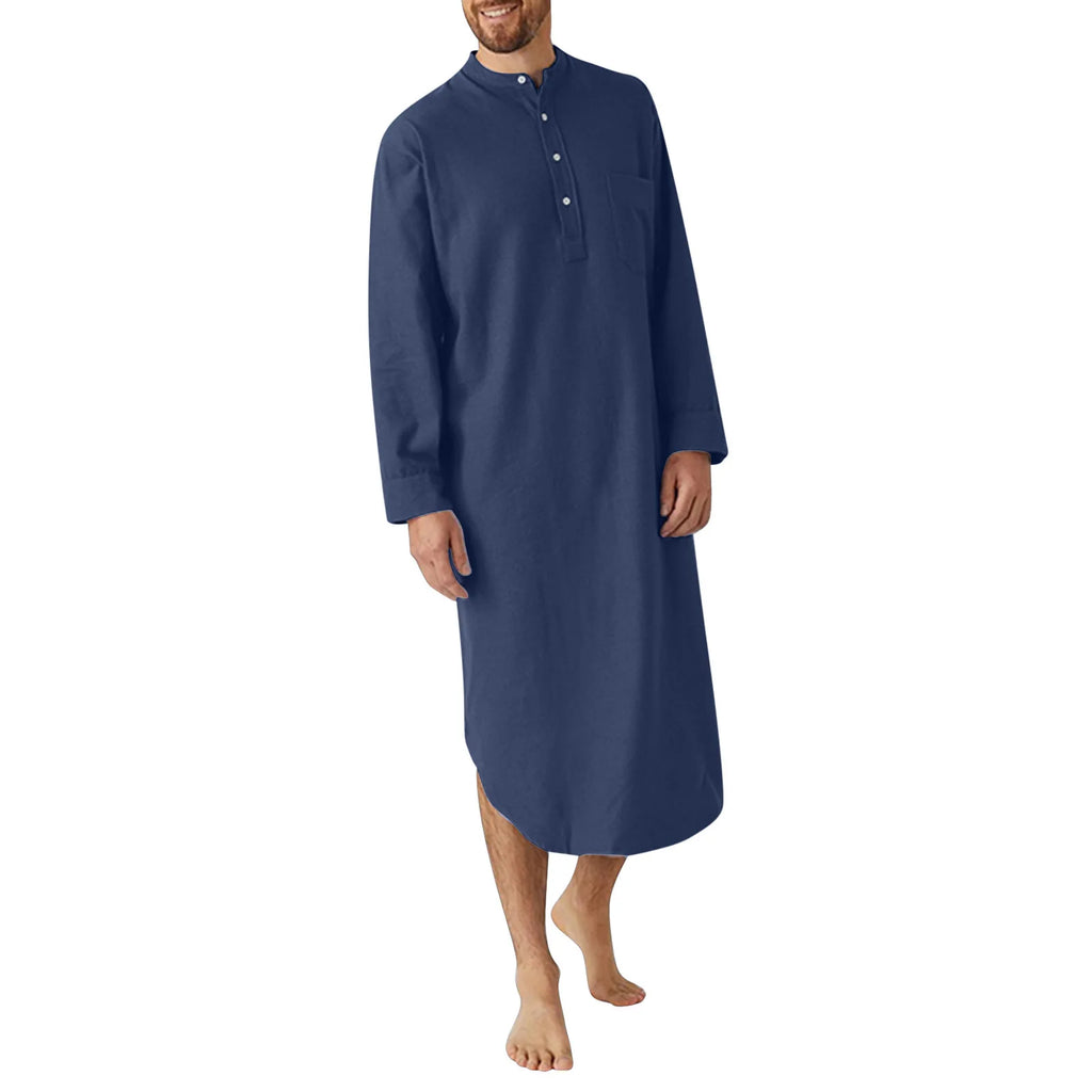 Men Button Down Sleep Robe Stand Collar Bathrobe Nightwear