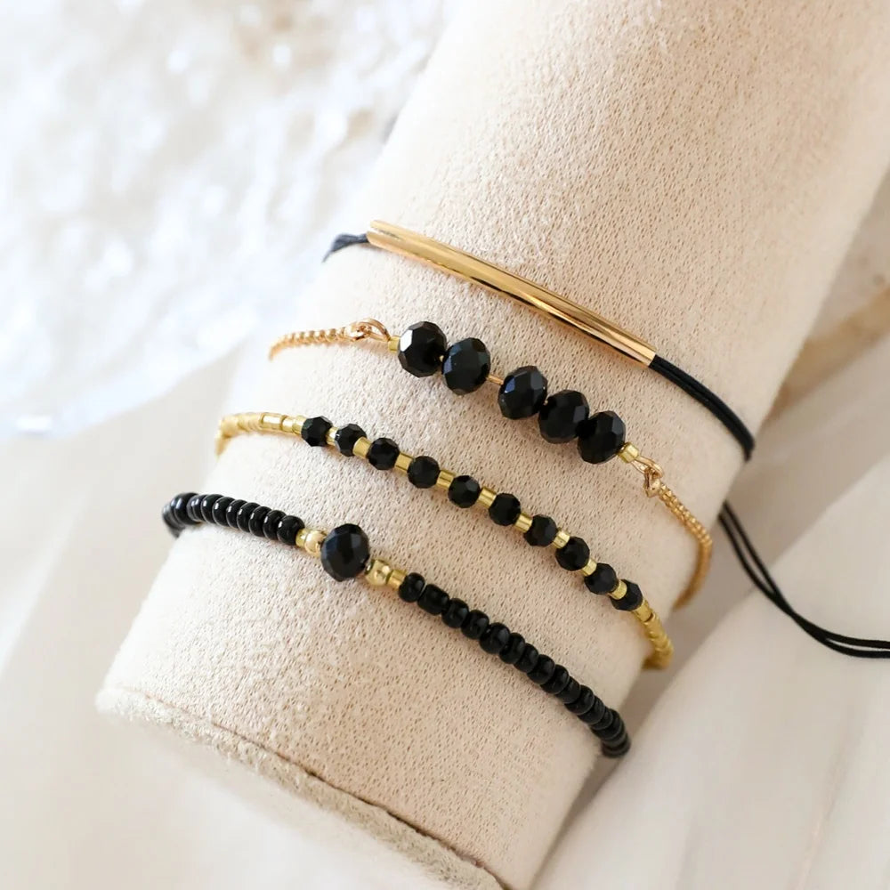 Women Black Glass Stone Boho Handmade Bracelet Set Jewelry