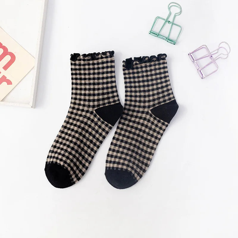 Checkered Cotton Crew Socks for Women