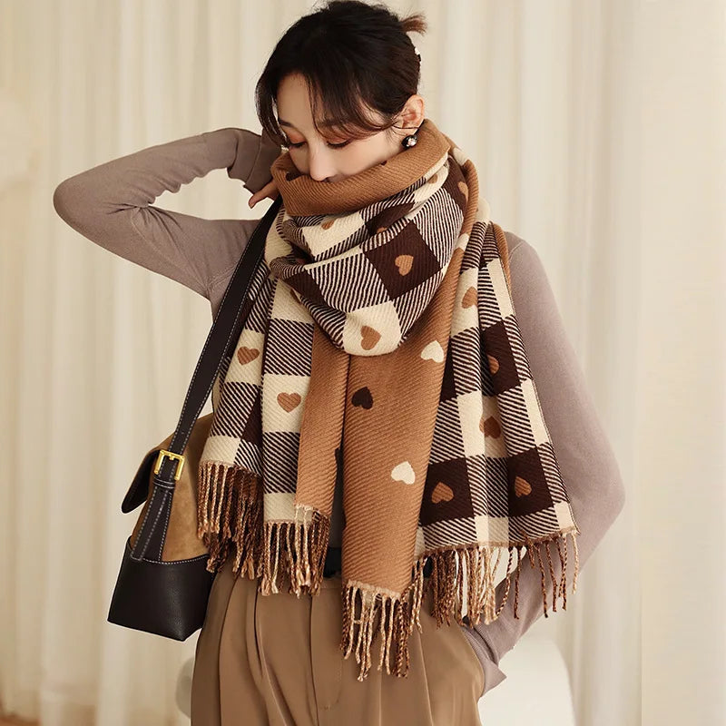 Women Plaid Heart Shaped Thick Winter Shawl Scarf