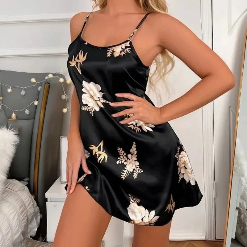 Floral Print Satin Nightdress Sleepwear for Women