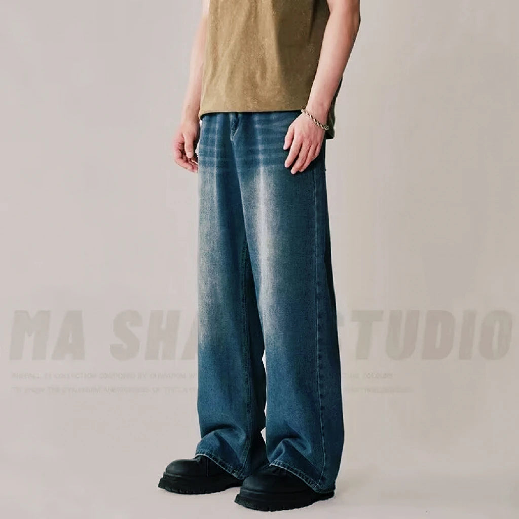 Men Washed Contrast Wide Leg Denim Jeans
