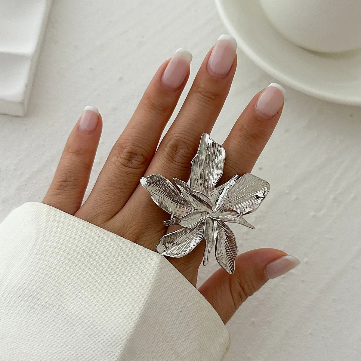 Women Double Layer Flower Adjustable Statement Ring Jewelry