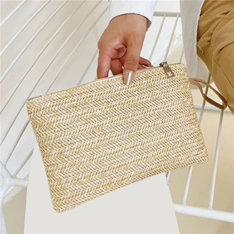Handmade Straw Woven Clutch Wristlet Bag for Women