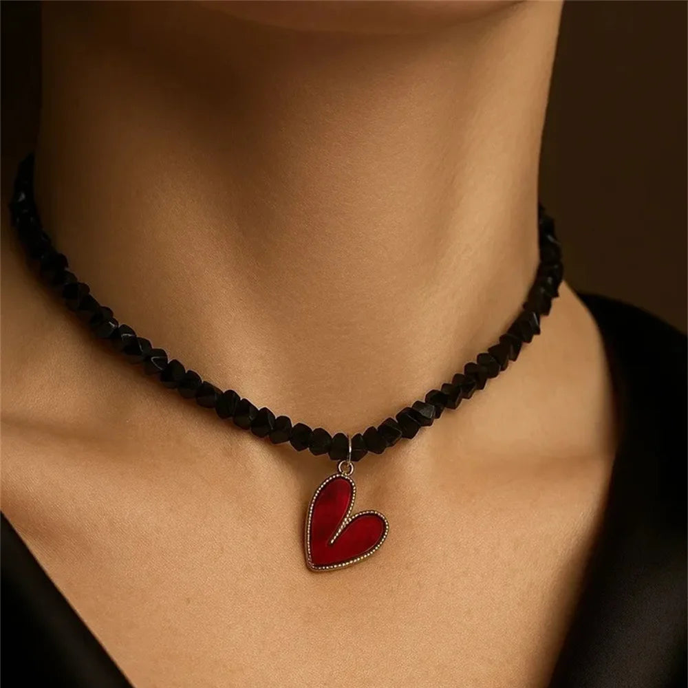 Women Crystal Heart Pendant Layered Punk Chain Necklace