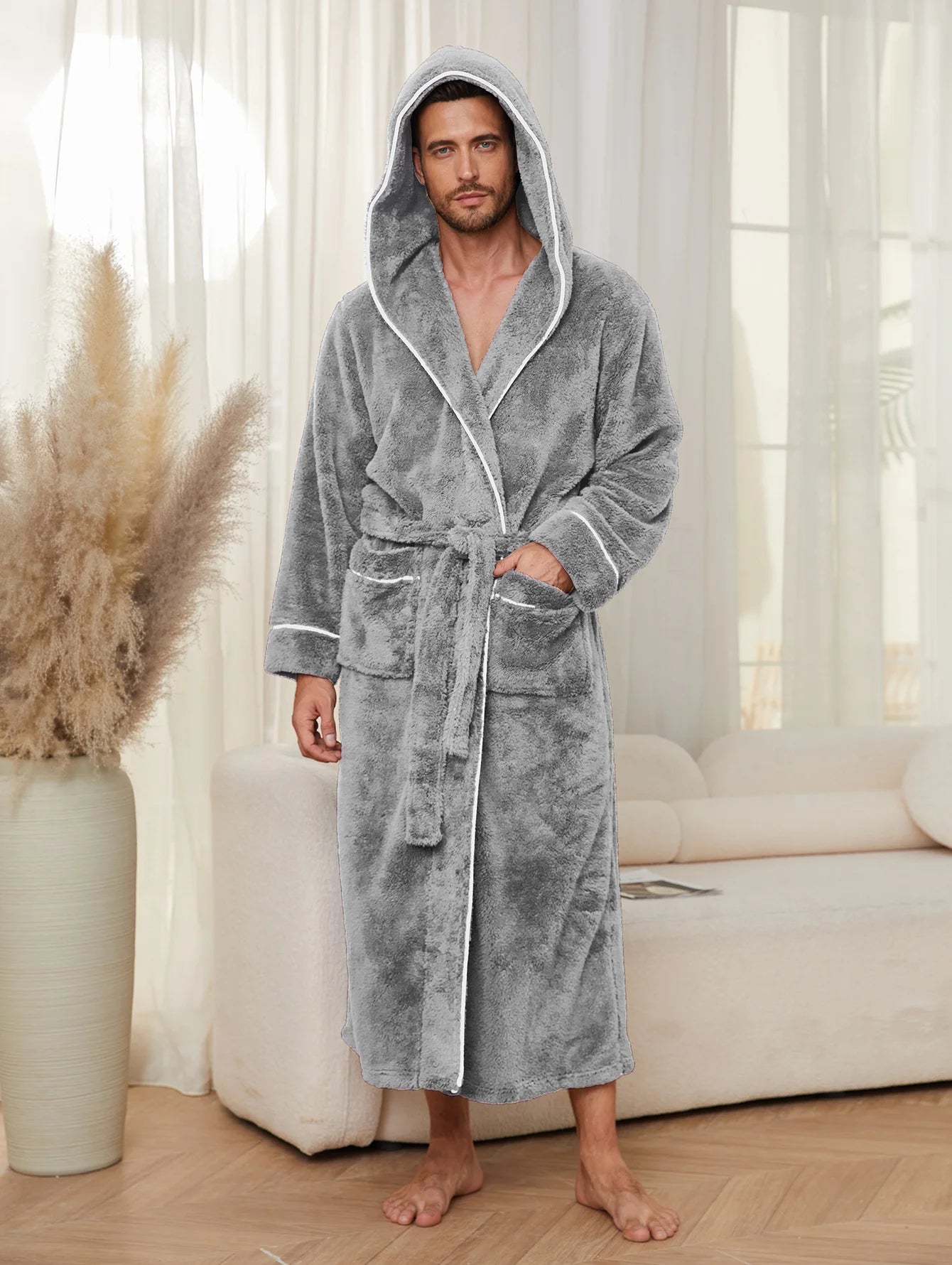 Men Cotton Flannel Bathrobe Warm Sleepwear Nightwear
