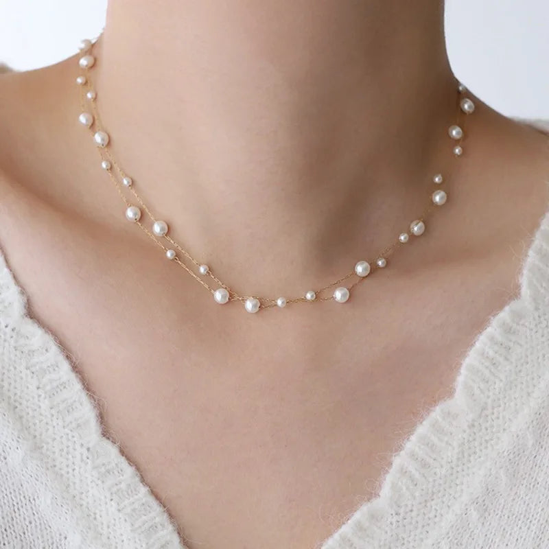 Women Stainless Steel Pearl Chain Choker Necklace