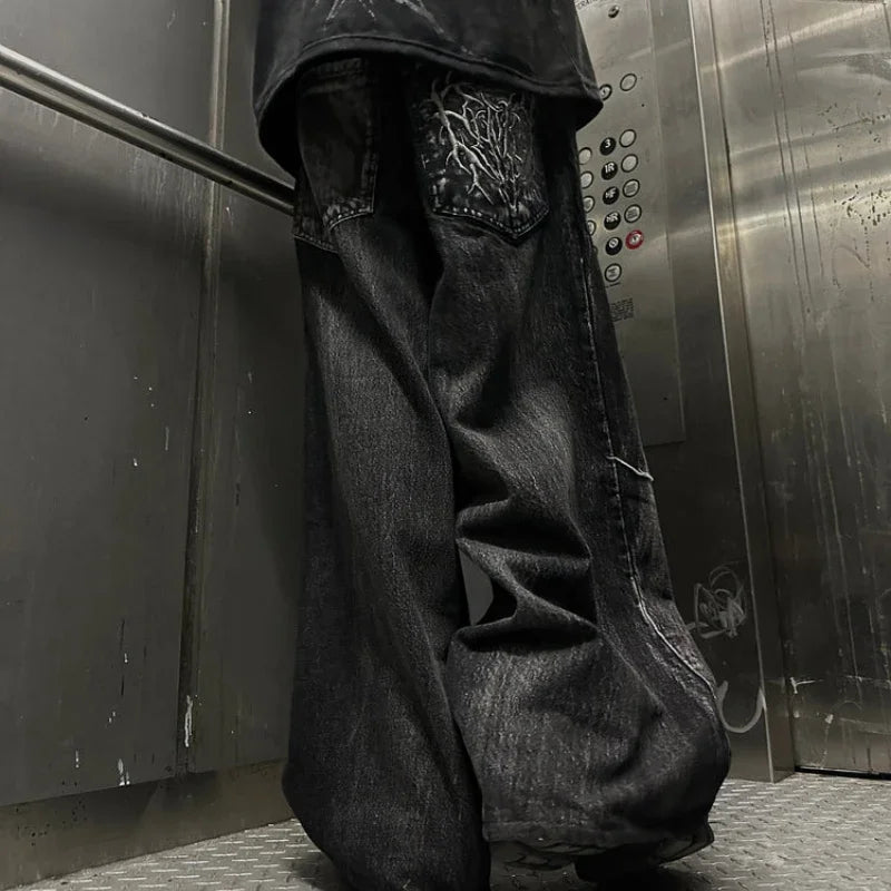 Men Gothic Oversized Baggy Embroidered Jeans