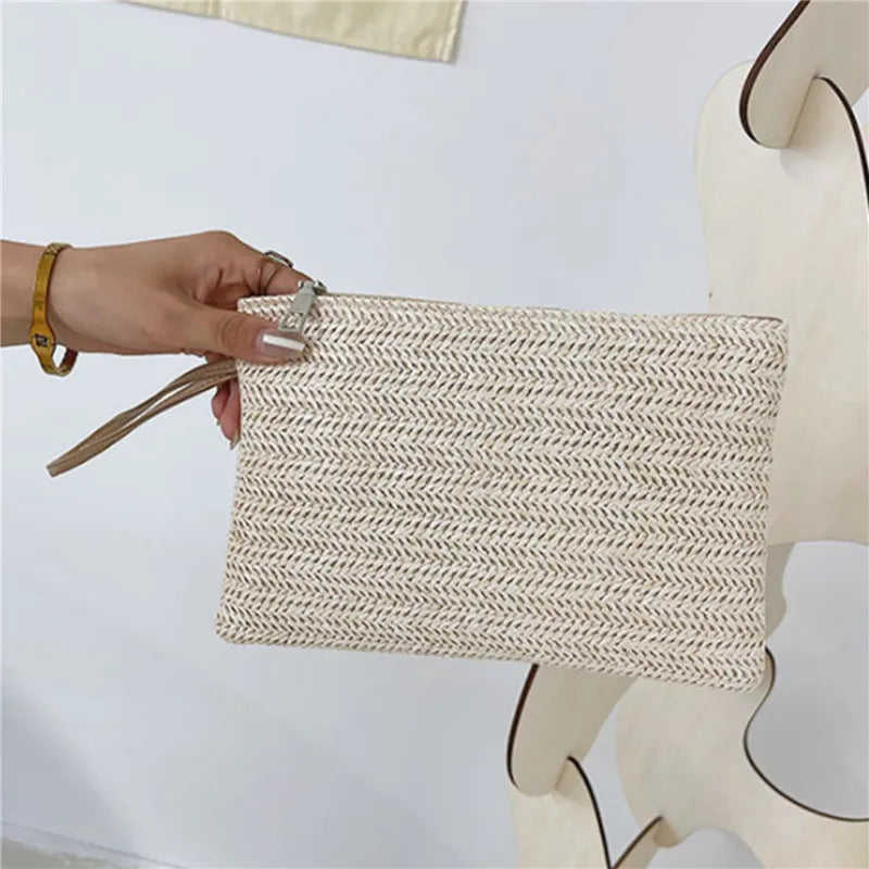 Woven Straw Wristlet Clutch Wallet for Women