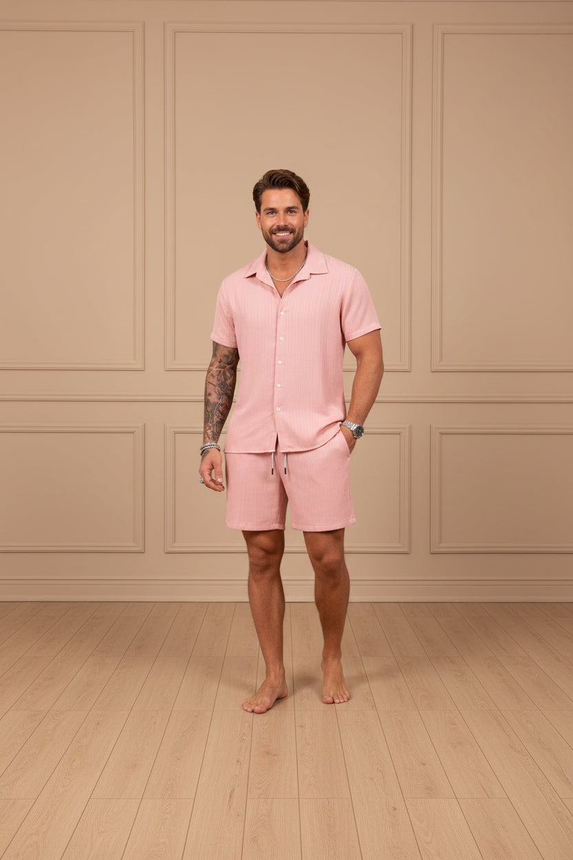 Men Solid Color Beach Shirt Shorts Set