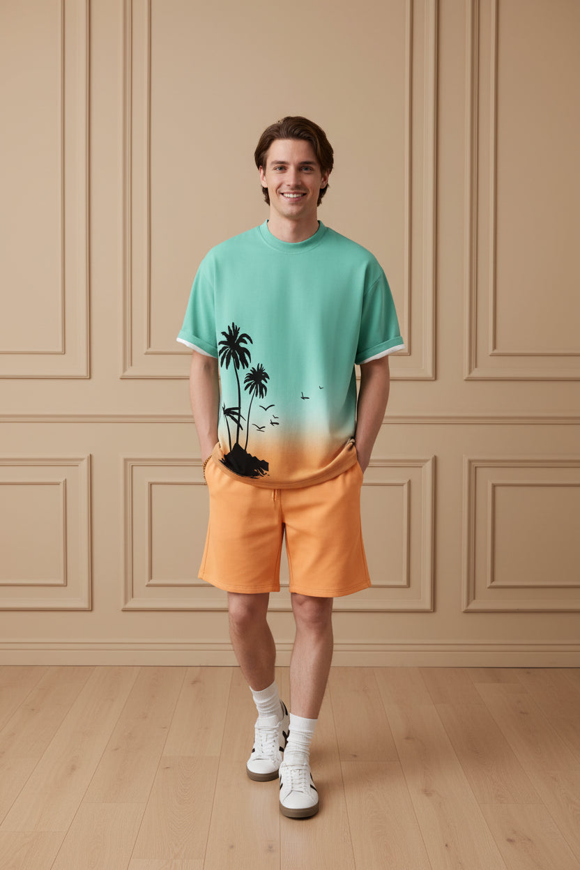 Men Gradient Hawaiian Shirt Shorts Set