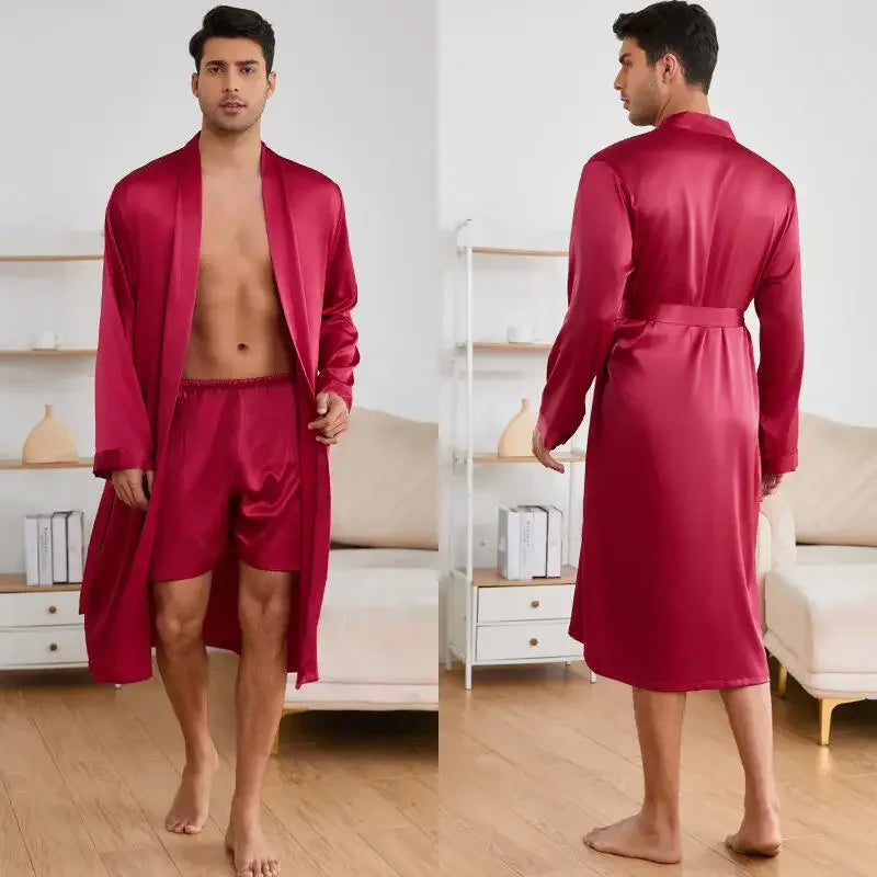 Men Satin Leopard Bathrobe Set Kimono Sleepwear Loungewear