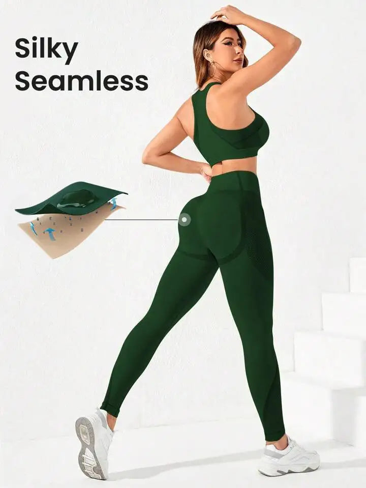 Women Seamless Yoga Bodysuit Set Sports Bra and High Waist Leggings