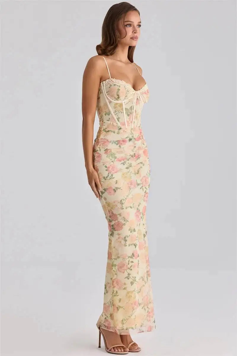 Women Floral Print Backless Maxi Bodycon Dress