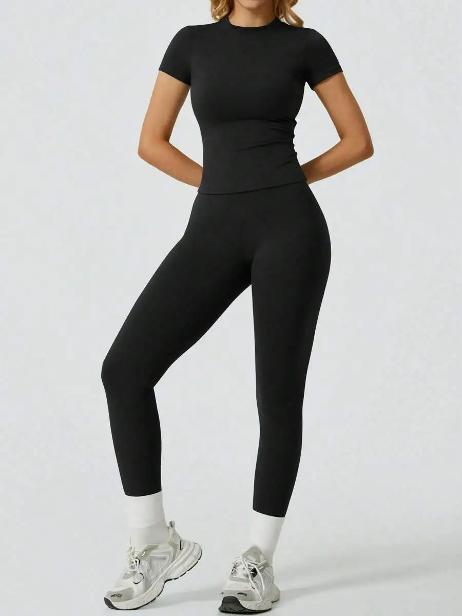 Women 2 Piece Yoga Set Short Sleeve Top and High Waist Leggings Fitness Outfit