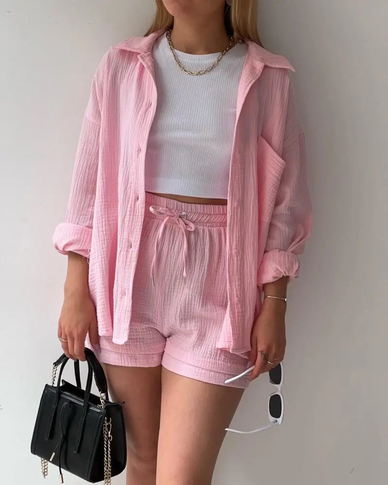 Women Muslin 2 Piece Short Set Button Casual Summer Outfit