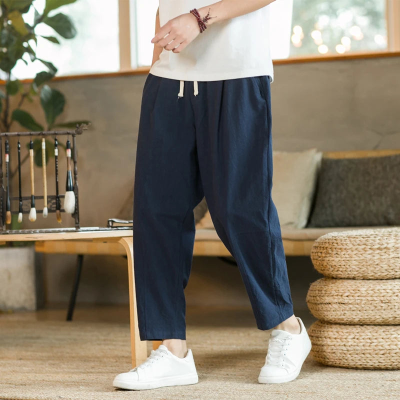 Men Cotton Linen Drawstring Casual Pants Loose Fit Trousers
