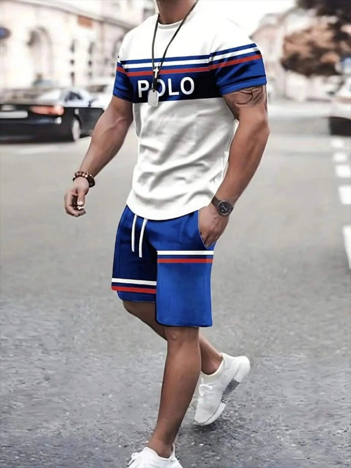 Men Striped Graphic T Shirt and Shorts Casual Set