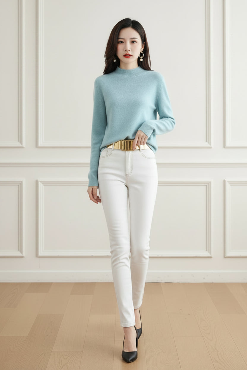 Merino Wool Cashmere Semi High Neck Sweater for Women