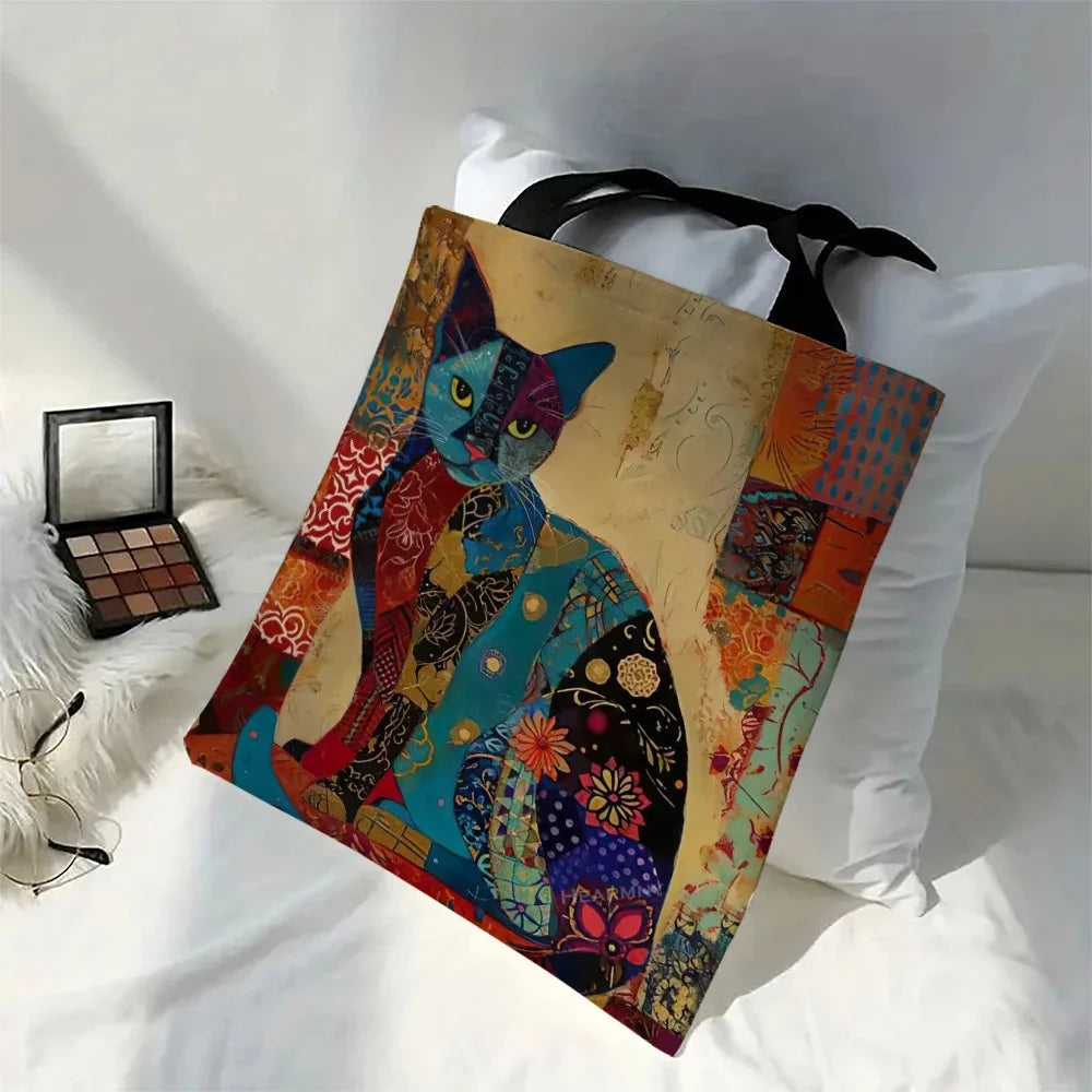 Floral Cat Canvas Tote Shoulder Bag for Women