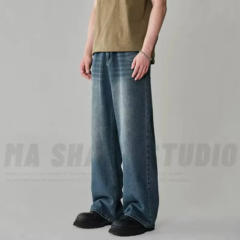Men Washed Contrast Wide Leg Denim Jeans