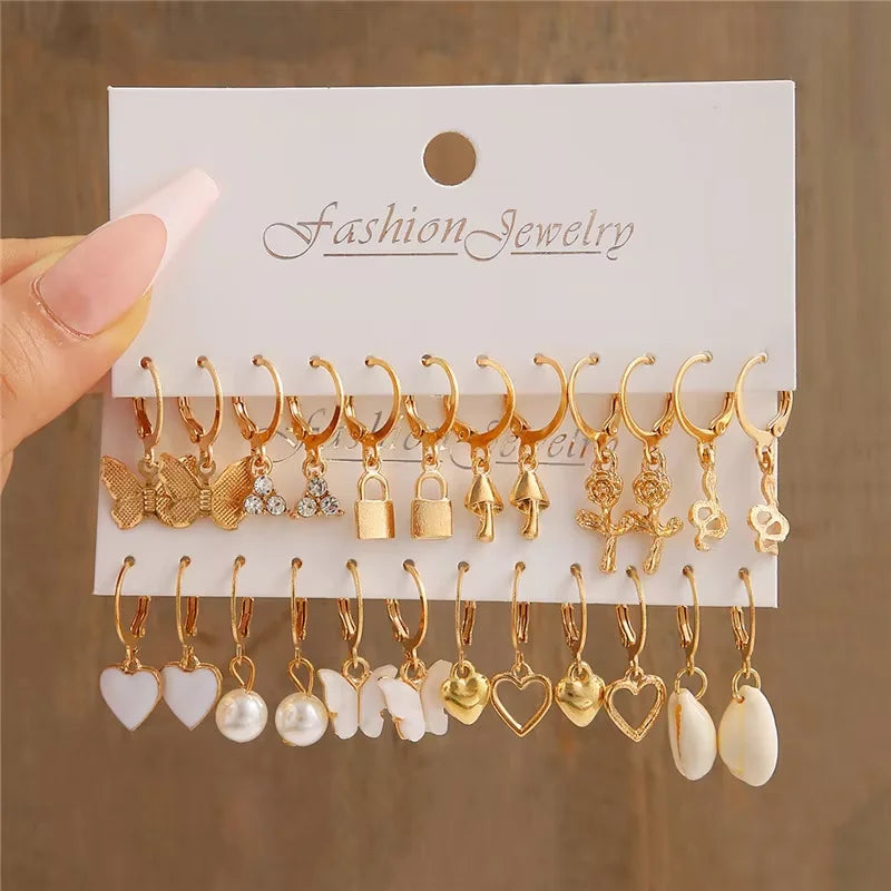 Women Geometric Hoop Pearl Gold Bohemian Earrings Set
