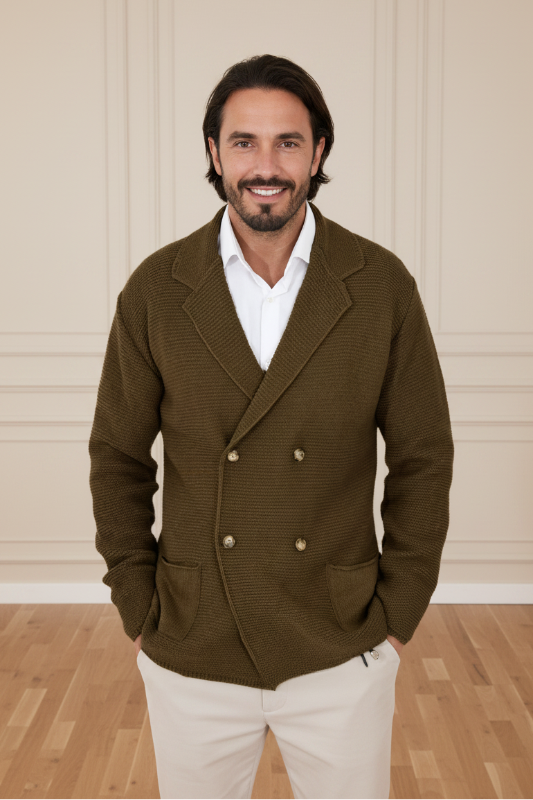 Men Peaked Lapel Knit Cardigan Coat