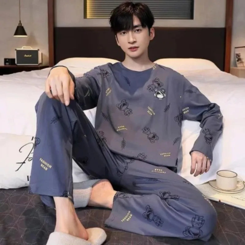 Plus Size Men Pajama Set Long Sleeve Two Piece Sleepwear