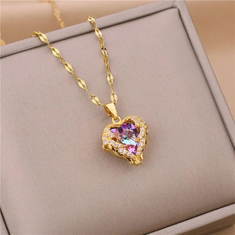 Women Crystal Ocean Heart Pendant Stainless Steel Necklace